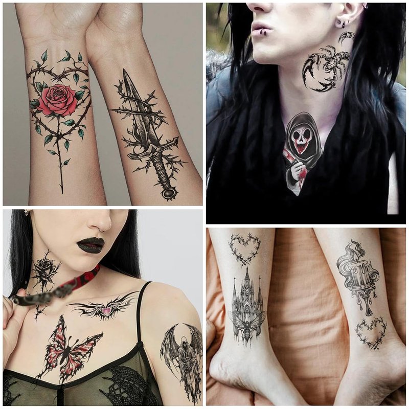 Gothic Temporary Tattoos - 77 Sheets of Waterproof Spider Skull Designs | Realistic Horror Makeup for Adults & Teens