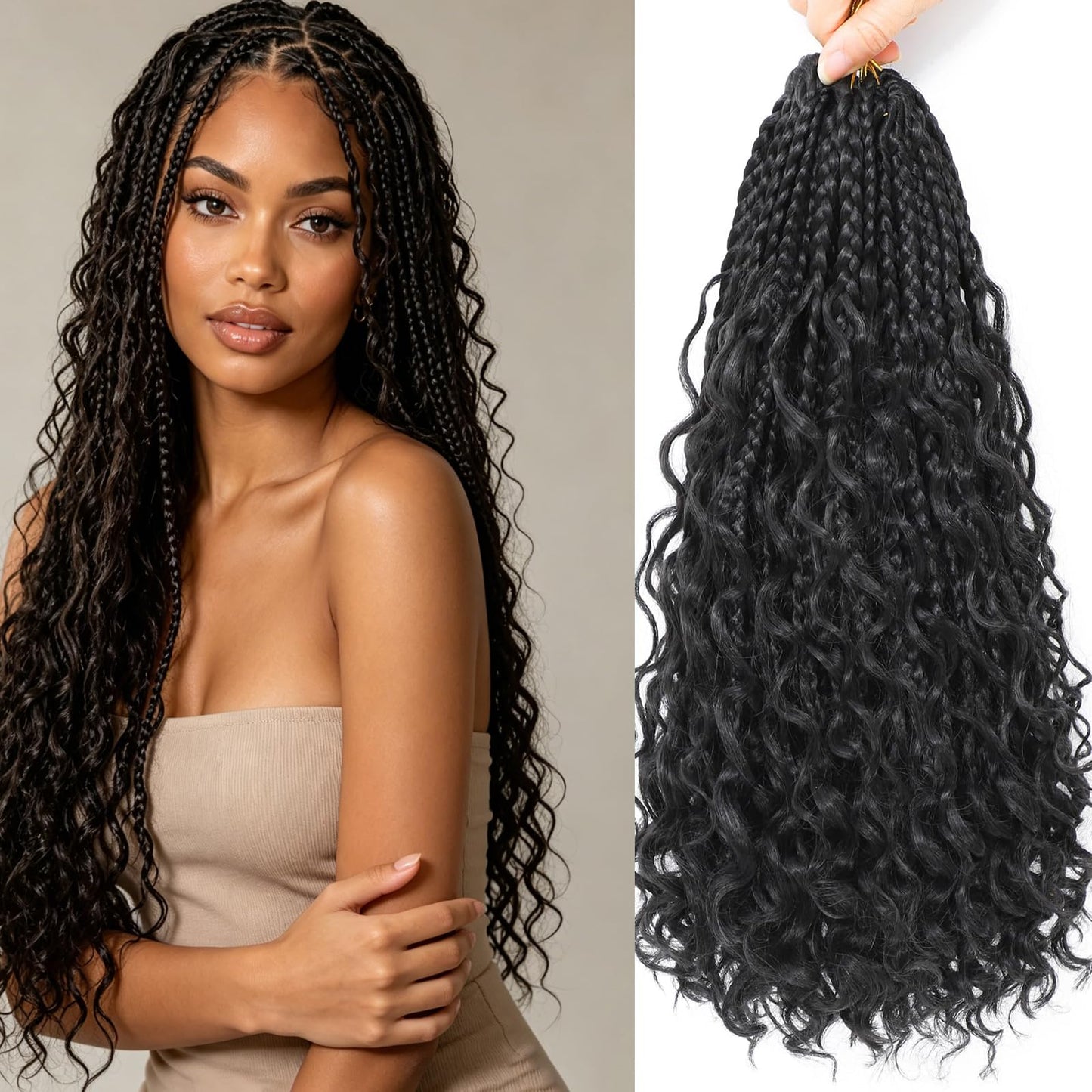 Long Goddess Box Braids Crochet Hair For Black Women-24 Inch 8 pack Pre Looped Boho Crochet Braids Prelooped Bohemian Boho Braids With Curly Ends Hair Extension（24in,1b/30）