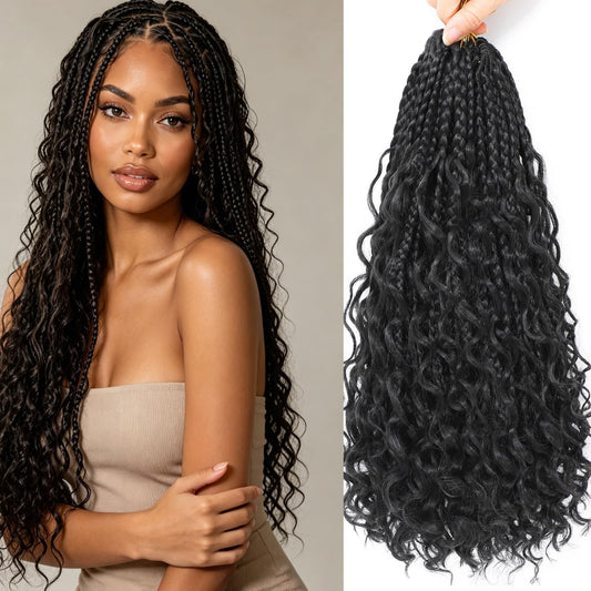 Long Goddess Box Braids Crochet Hair For Black Women-24 Inch 8 pack Pre Looped Boho Crochet Braids Prelooped Bohemian Boho Braids With Curly Ends Hair Extension（24in,1b/30）