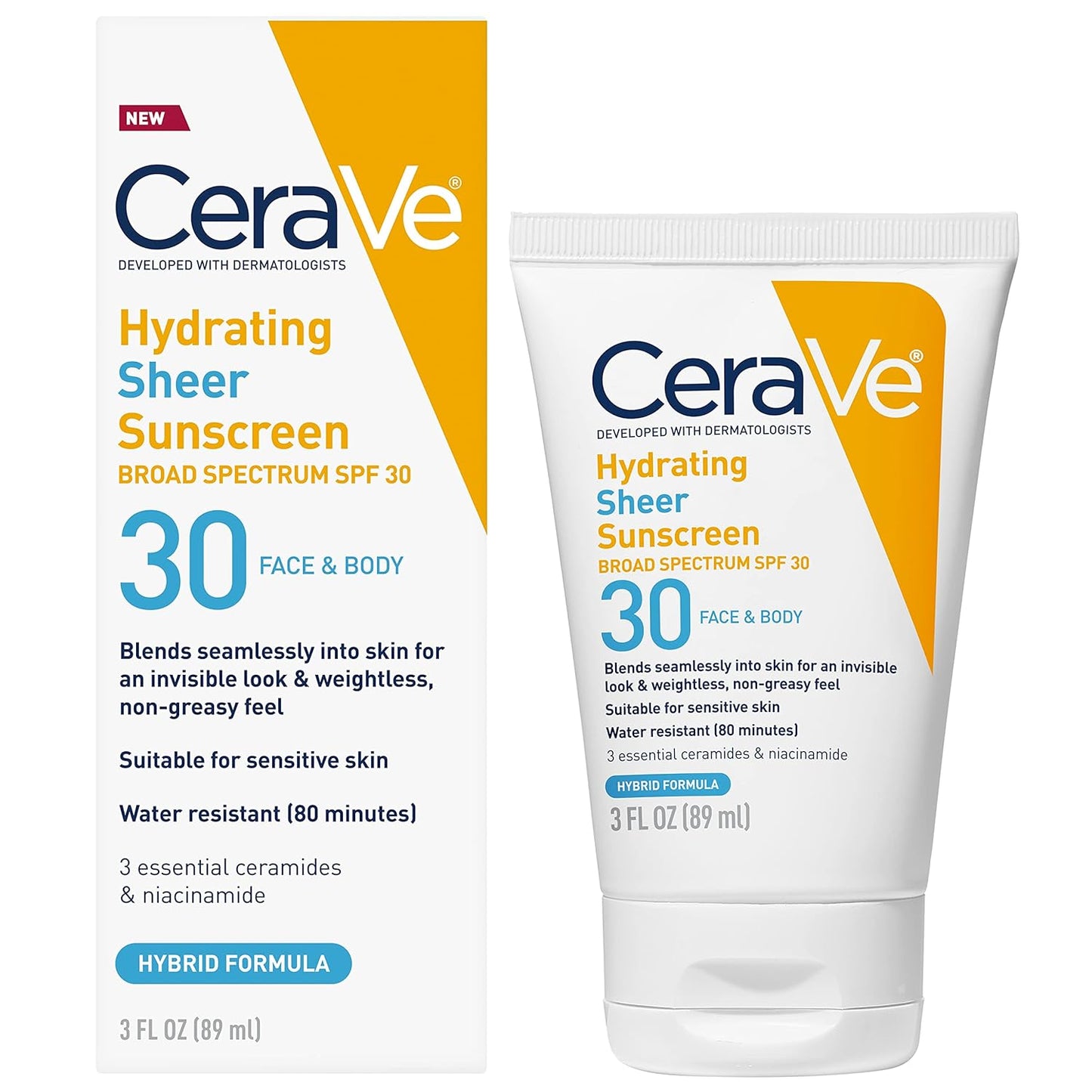 CeraVe Hydrating Sheer Sunscreen SPF 30 - Mineral & Chemical Formula with Zinc Oxide | 3 Ounces, Paraben-Free