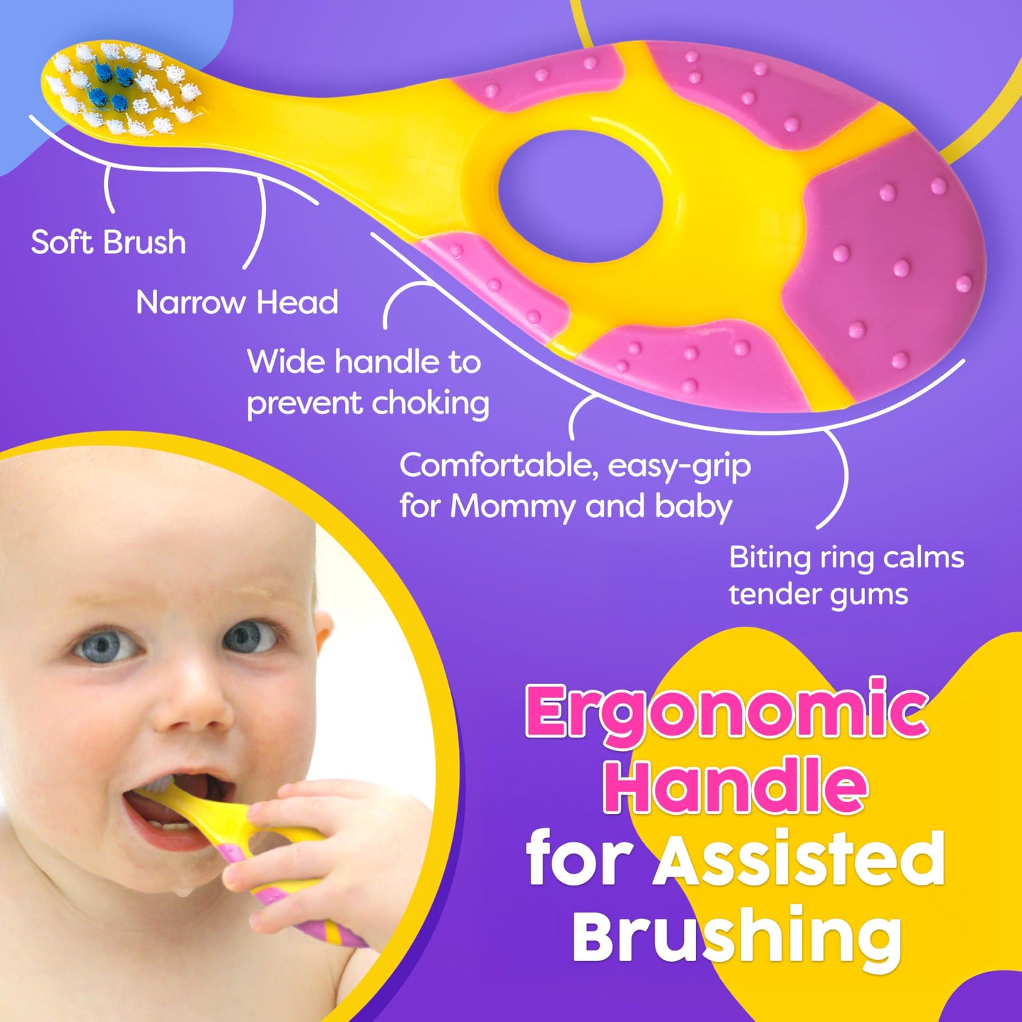 Trueocity Infant Toothbrush Set for Oral Care (12 Months+) – Soft Bristles, Small Brush Head, Easy-Grip Handle – 4-Pack (Pink & Purple)