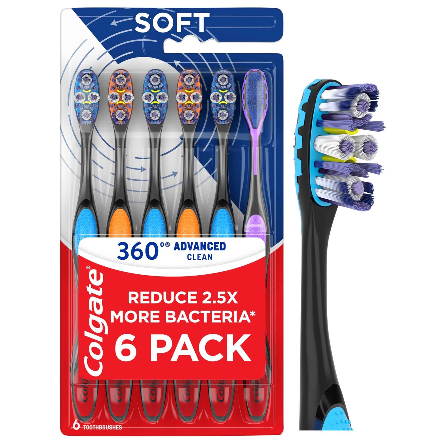 Colgate 360 Advanced Clean Adult Soft Toothbrush Pack, 6 Soft Bristled Toothbrushes with Cheek and Tongue Cleaner, Helps Clean Your Teeth, Tongue, Cheeks, and Gums, 6 Pack