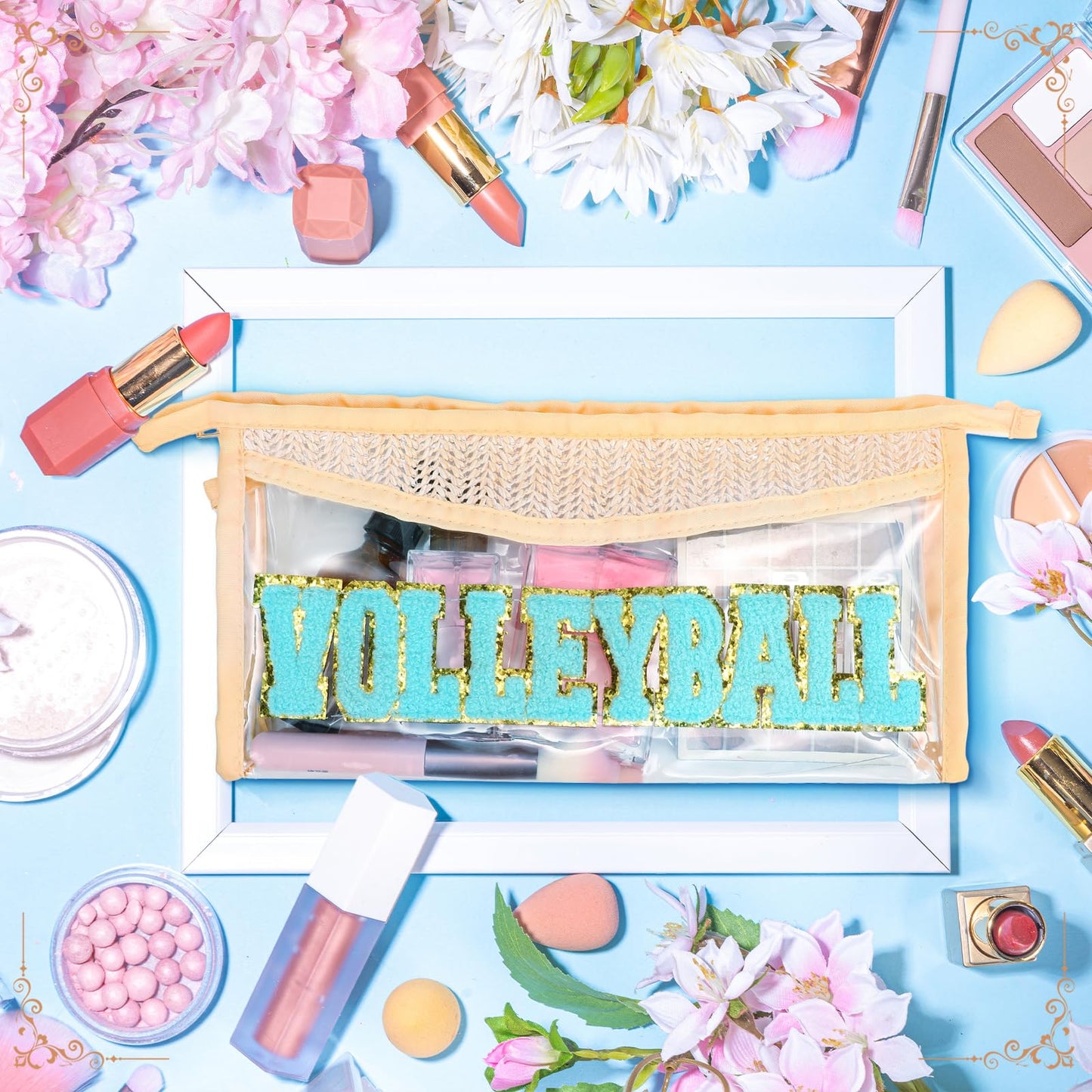 SilTriangle 6 Pcs Volleyball Makeup Bag for Women Christmas Straw Initial Letter Personalized Cosmetic Bag Cute Chenille Makeup with Zipper Travel Toiletry Gift for Women Girls Birthday Friend