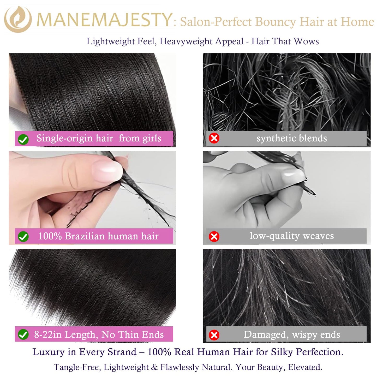 ManeMajesty 12A Straight Human Hair Bundles 3 Pcs 8 10 12 Inch 100% Human Hair Extension Unprocessed Brazilian Virgin Human Hair Quick Weave Straight Bundles Human Hair Natural Color for Black Women