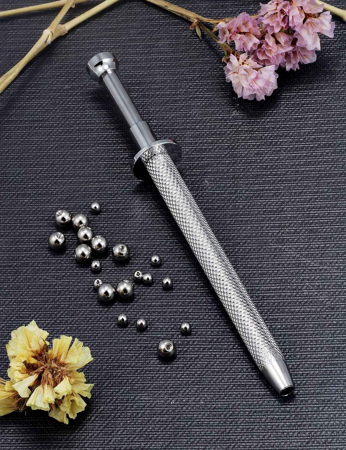 Vsnnsns 316L Surgical Steel Piercing Balls Grabber Tool Pick Up Tool with 4 Prongs Holder Professional Push in Syringe Type Quad Prong Small Bead Holder Grab Ball Catcher Body Piercing Tools