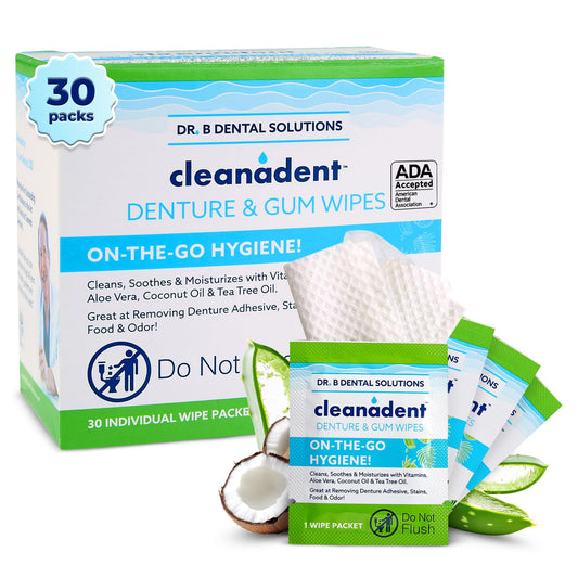 Dr. B Dental Solutions Cleanadent Wipes - Convenient Denture Cleaning Wipes, Refreshes Gums, No Artificial Colors/Flavors - 30 Count