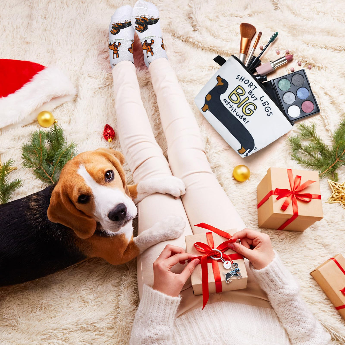 Didaey 7 Pcs Christmas Dachshund Gift Sets for Women Include Weiner Dog Keychain Cosmetic Bag Socks Mug Tote Bag Cards with Gift Box for Christmas Dachshund Lovers Gifts