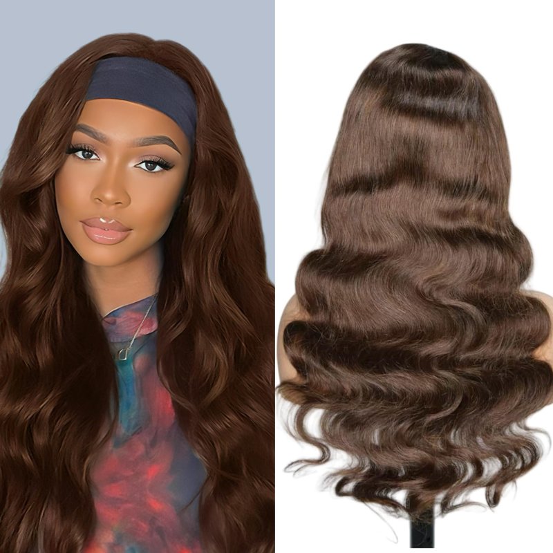 Head Band Wigs Human Hair Chocolate Brown Glueless 100% Human Hair None Lace Front Wig Virgin #4 Colored Headband Wig Human Hair 180 Density 12inch