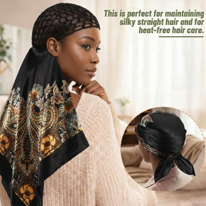 Funnysoft 3 Pcs Wrap Hair Net with Scarf, Women Silk Press Doobie Hair Wrap Netted Scarf 2 in 1 Easy-to-use for Silk Press & Nighttime Care, Sleep & Shower Cap(Luxury Boho,Beige Yellow Gold)