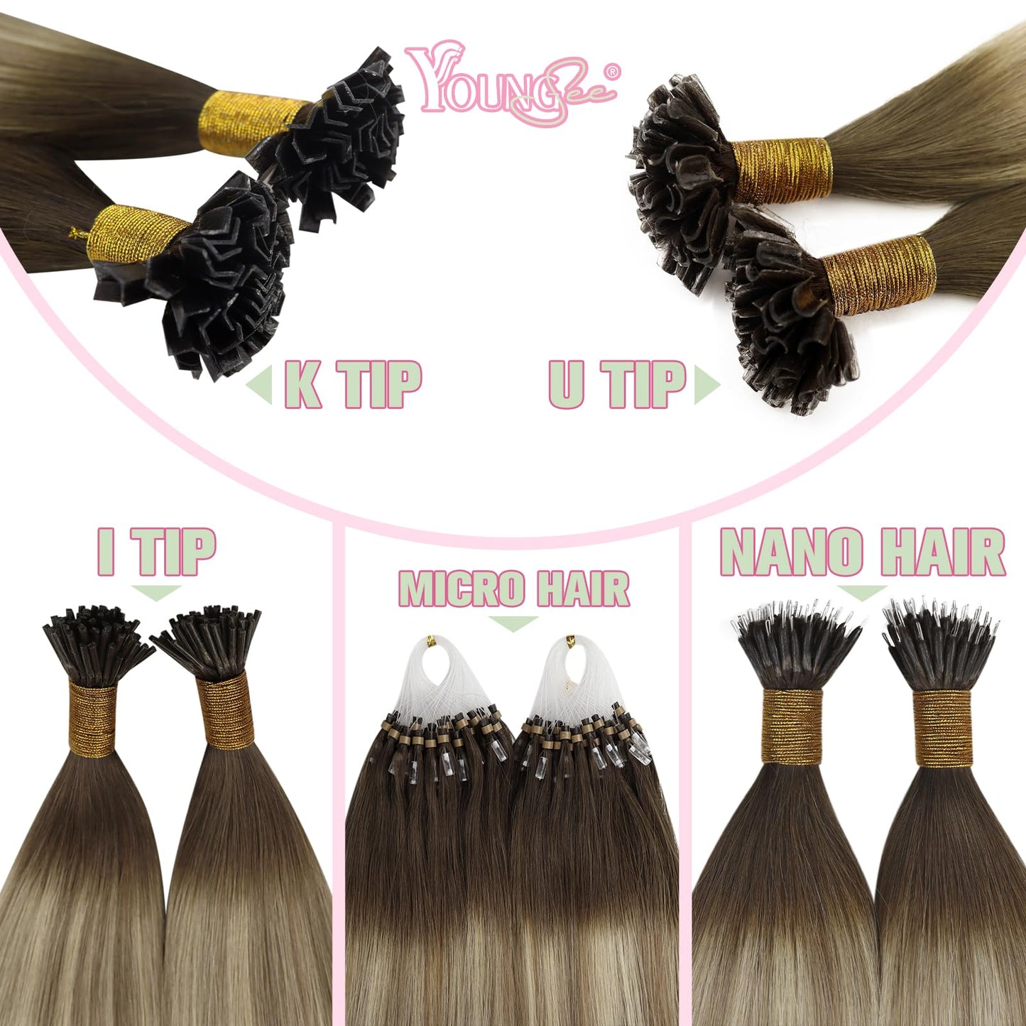 YoungSee Ktip Hair Extensions Human Hair Balayage K Tip Extensions Dark Brown Ombre Brown with Blonde 14 Inch Soft 50s/50g
