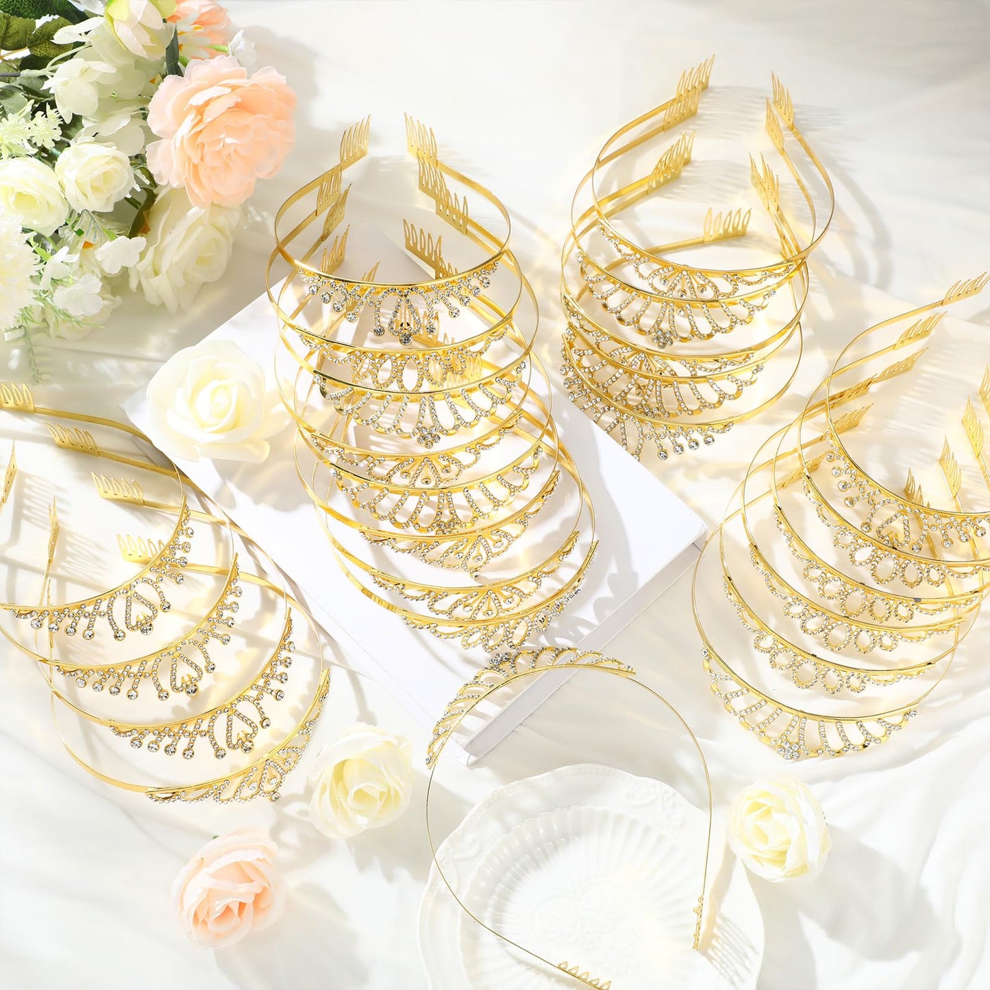 Yuefunny 24 Pcs Crystal Tiara Crowns for Women Bulk Rhinestone Princess Headband Crown with Combs Tiaras for Pageant Bridal Shower Wedding Birthday Prom Party Gifts(Stylish,Gold)