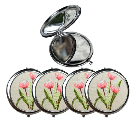 Leimandy Bridesmaid Compact Mirror Set of 4 | 7cm Double-Sided 1x/2x Makeup Mirrors Travel Makeup Mirror Wedding Party | Graduation | Birthday |Mother's Gifts L2 (Pink Tulip)