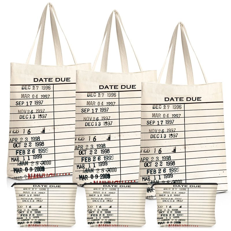 Sieral 6 Pcs Librarian Gifts for Women Library Book Tote Bag Due Date Cards Librarian Gifts Stamp Canvas Vintage Toiletry Bag Aesthetic with Zipper for Book Lovers Women Teacher