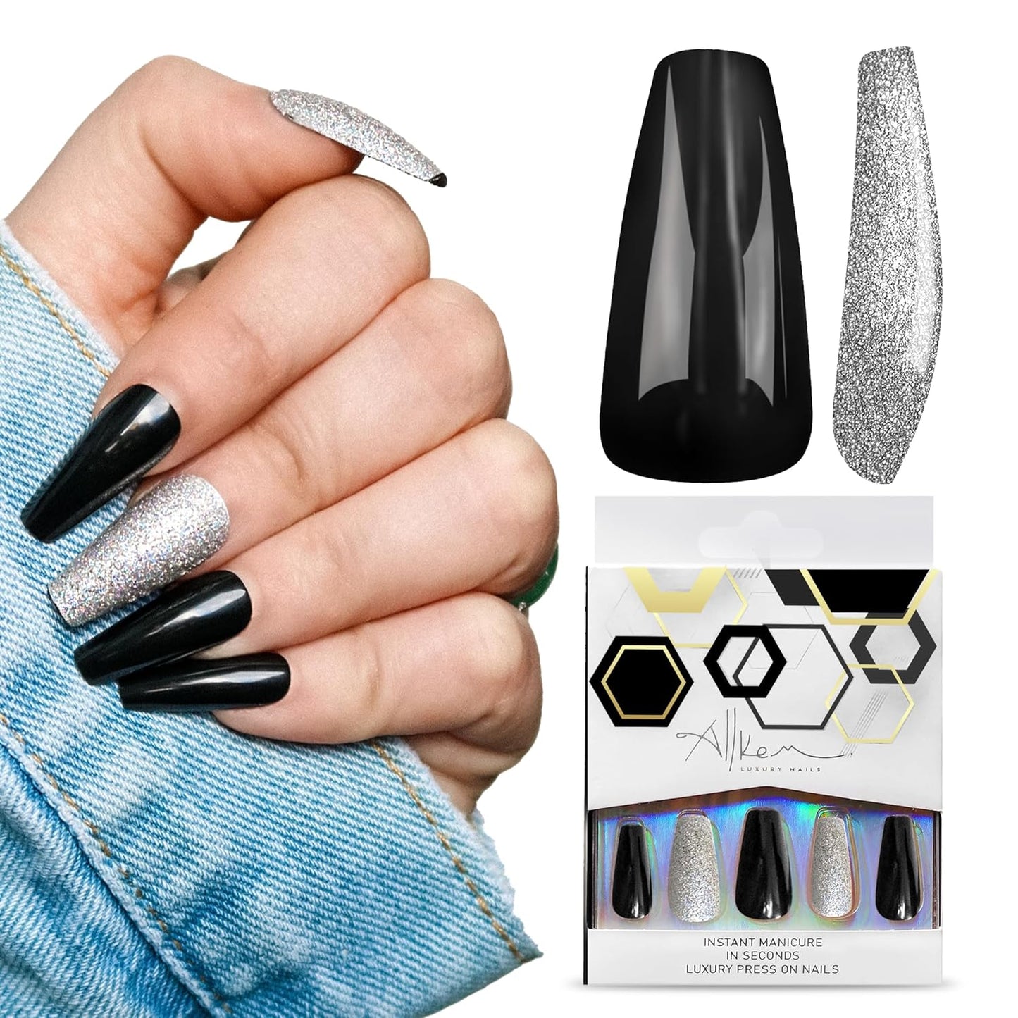 Press On Nails - Midnight Black Medium Long Tapered Ballerina | 20 Pcs Coffin Nail Kit with Glue, 10 Sizes