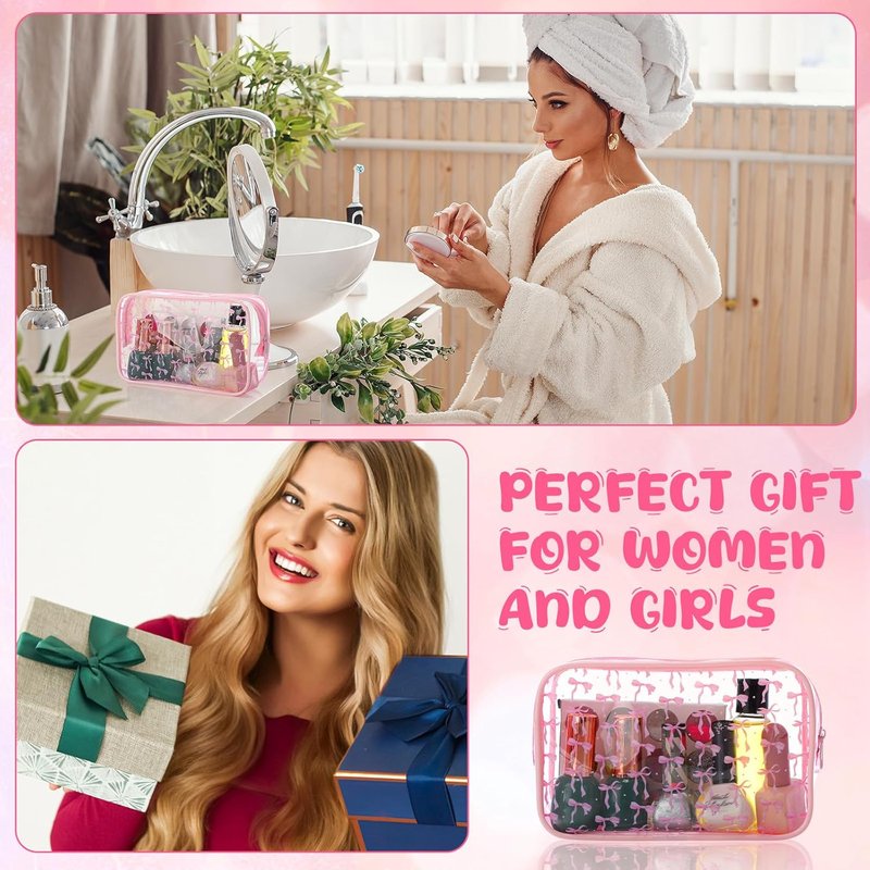 12 Pcs Pink Bow Cosmetic Bags - Clear PVC Makeup Pouches for Travel | Perfect Gift for Women