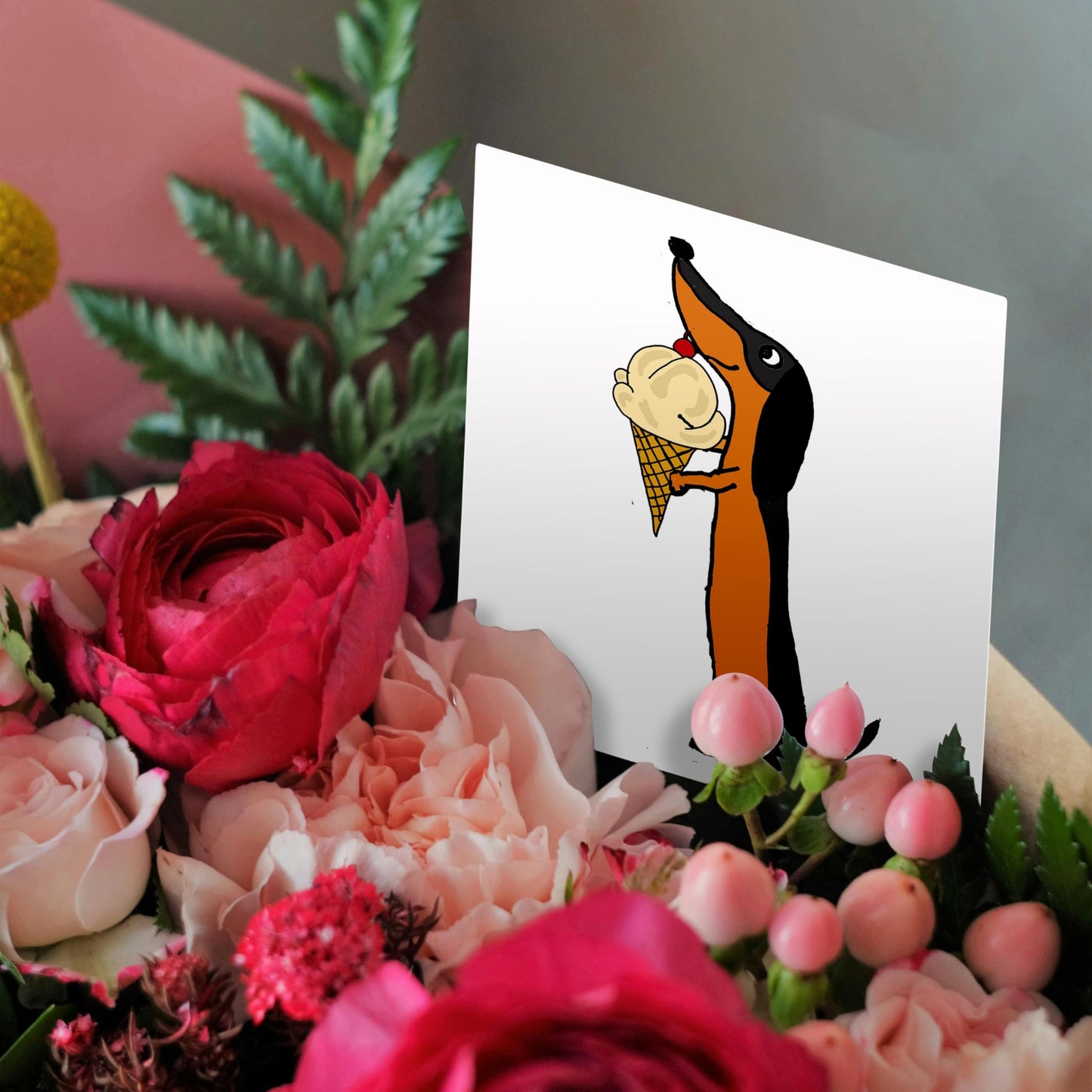 Greeting Card - Funny Cute Dachshund Puppy Dog Eating Ice Cream Cone - Pets