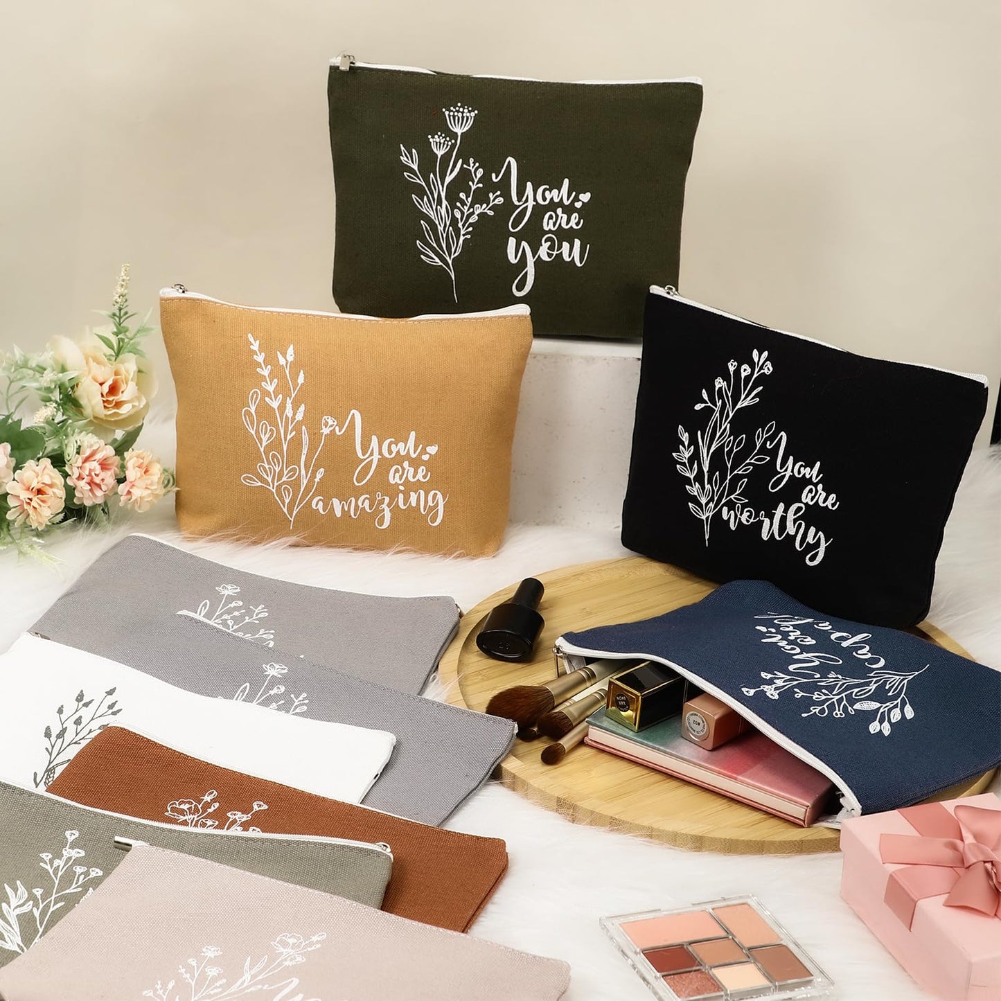 Coume 30 Pcs Employee Appreciation Gift for Women Inspirational Canvas Makeup Bag Bulk Motivational Cosmetic Bags with Zipper Back to School Gift for Women Nurse Coworker Team(Aesthetic)