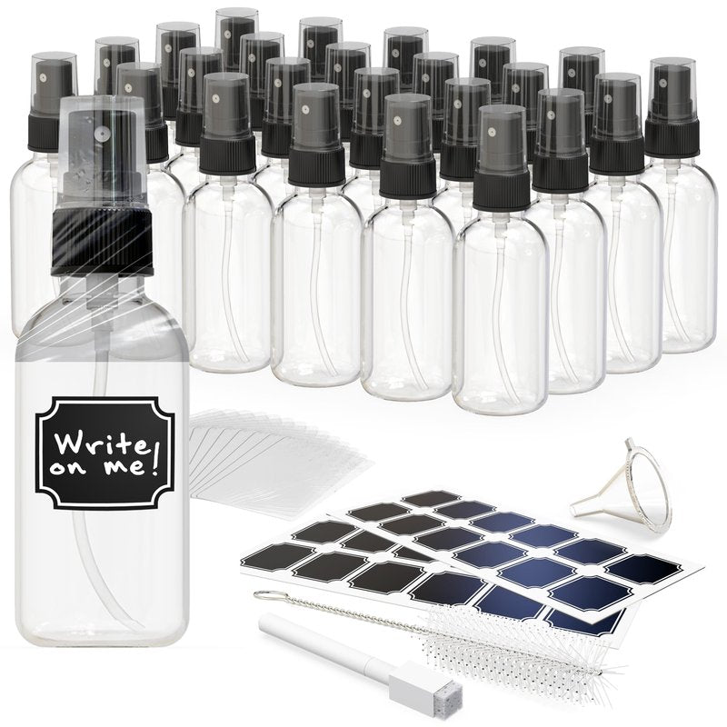 Nevlers Clear Glass Small Spray Bottle 2 Oz 24 PK | Small Travel Spray Bottle Set w/Shrink Wrap, Funnel, Brush, Marker & Labels | Hair, Face & Body Spritzer Bottles | Small Atomizer Fine Mist Sprayer