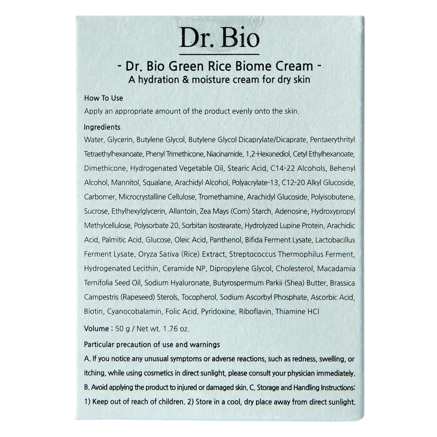Dr.Bio Green Rice Biome Cream (1.69 fl.oz) with Probiotic, Vegan Moisturiser, Reduce Dark Spot, Treat Hyperpigmentation & Blemish, Radiant Skin, Skin Barrier Care, Fragrance-Free, Korean Skincare