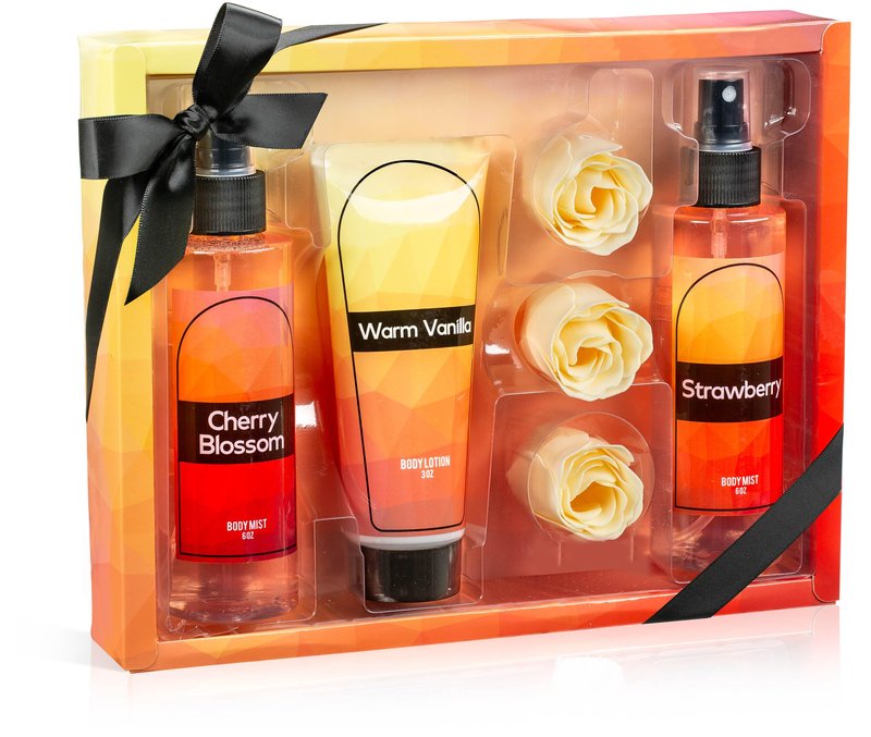 Fine Fragrance Body Mist & Body Splash Gift Set – Luxury Self-Care Combo for Women and Girls (Cherry Blossom, Strawberry, Warm Vanilla, Rose Soap) – Mother's Day Gift for Mom