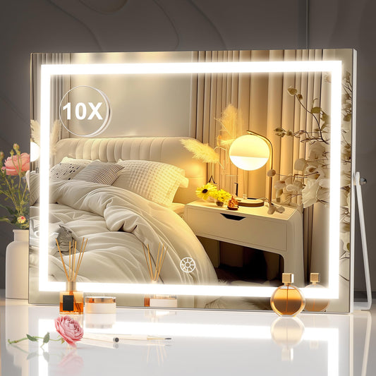 Hasipu Vanity Mirror with Lights, 11.4" x 13.8" LED Makeup Mirror with 10X Magnification, Smart Touch 3 Colors Dimmable, Brightness Adjustment, 360° Rotation, White