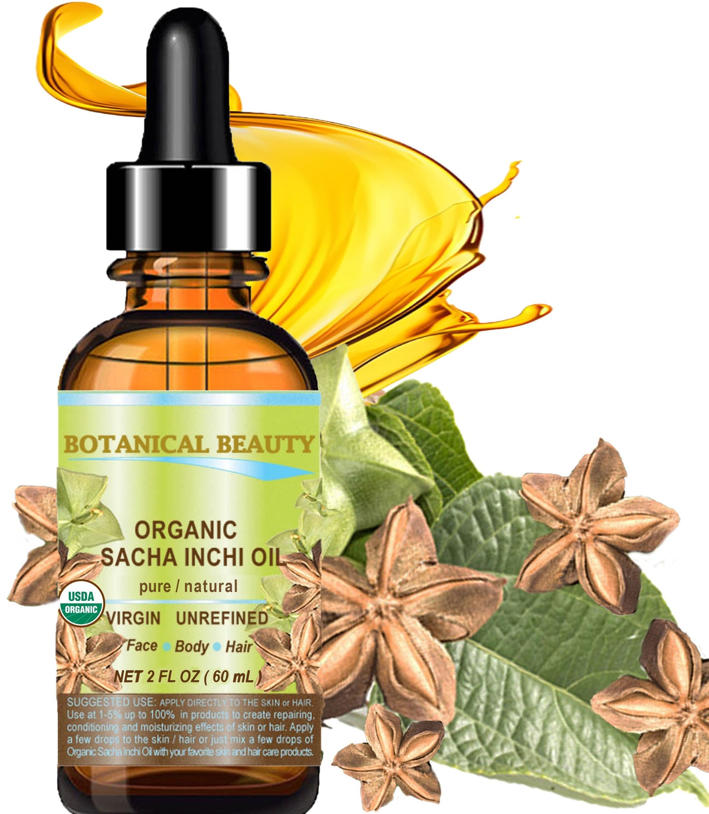 Botanical Beauty Organic SACHA INCHI OIL 100% Natural Pure Undiluted Virgin Unrefined Cold Pressed Carrier Certified Organic Oil For Face, Skin, Hair, Lip, Nails, Rich in Vitamin E (2 Fl Oz 60 ml)