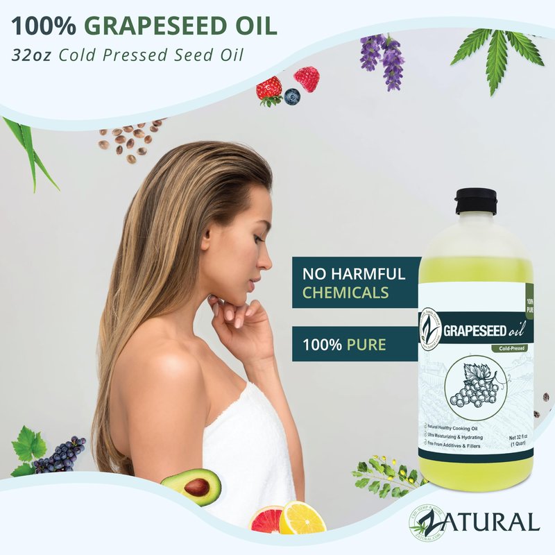 Zatural 100% Pure Cold Pressed Grapeseed Oil – Naturally Grown Virgin, High Smoke Point 450°F+, Non-GMO, Perfect for Cooking Frying Baking, Dressings Marinades & Skincare Hair (32 Fl oz)