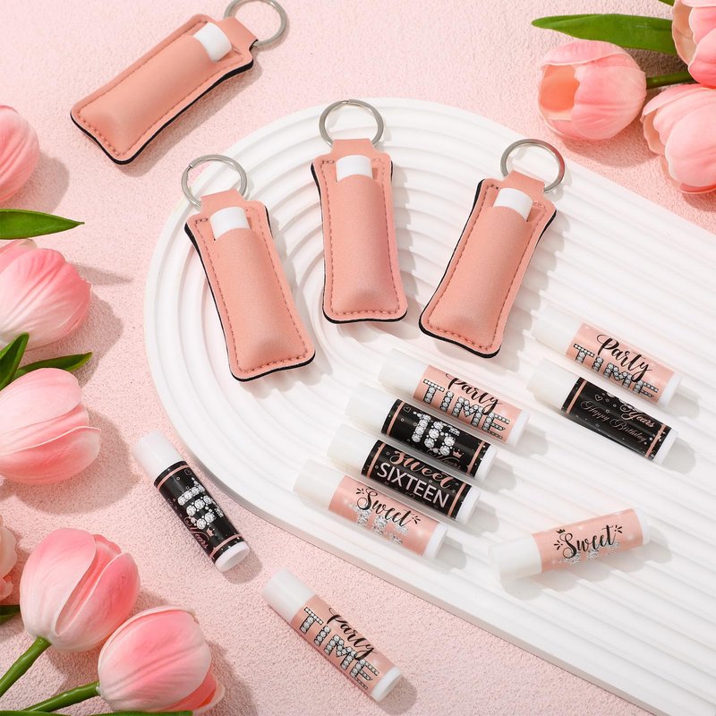 Heigble 20 Sets Sweet 16 Party Favors Pink and Black Lipstick Bulk with Lip Balm Holder Keychain Lip Balm Lipstick Sleeve for Teen 16th Birthday Decorations Guest Gifts Supplies