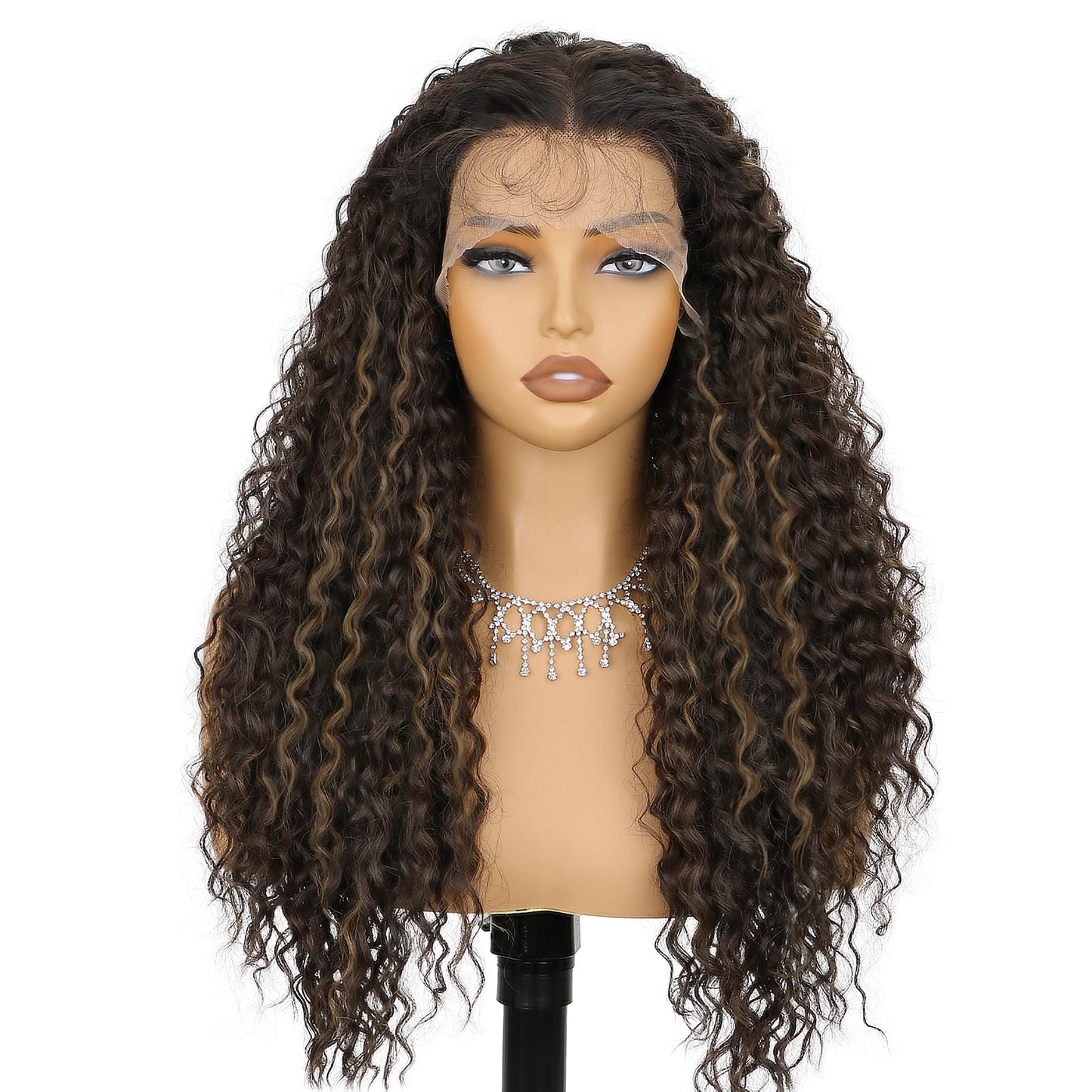 Kurope Brown with Highlight Synthetic Lace Front Wig 13x4 Long Curly Wig with Baby Hair Natural Preplucked Hairline 24 Inch Wavy Wig for Black Women Daily Party Use