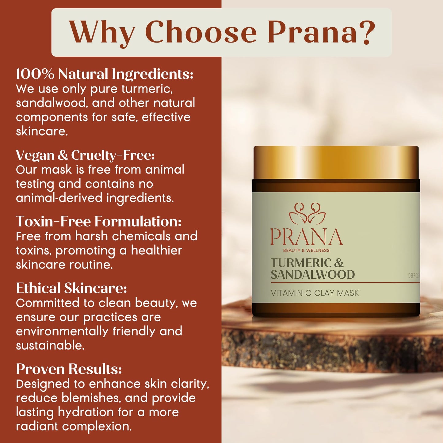 PRANA Beauty Turmeric & Sandalwood Face Mask 60ml | Three-Clay Formula | Bentonite + French Pink Clay + Kaolin | Turmeric Root Extract | Pore Purifying | Brightening | Vegan | Cruelty-Free 60ml Pack 1
