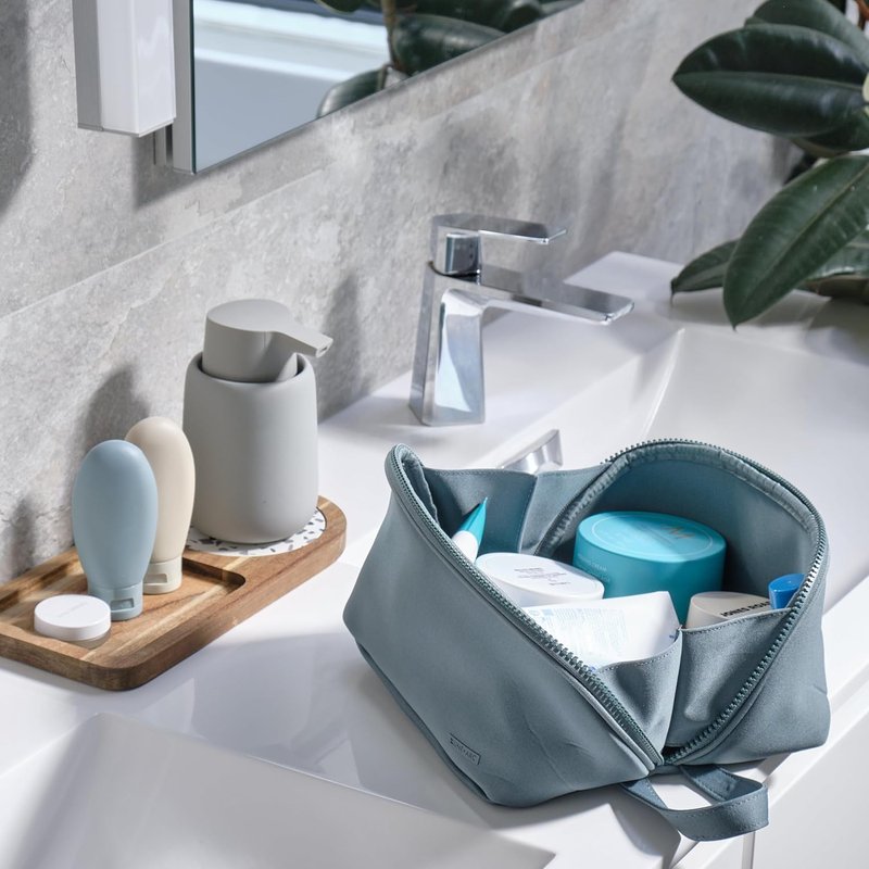 Machine-Washable Neoprene Toiletry Bag - Modern Green Dopp Kit for Travel | Large Easy-to-Clean Case for Cosmetics & Skincare