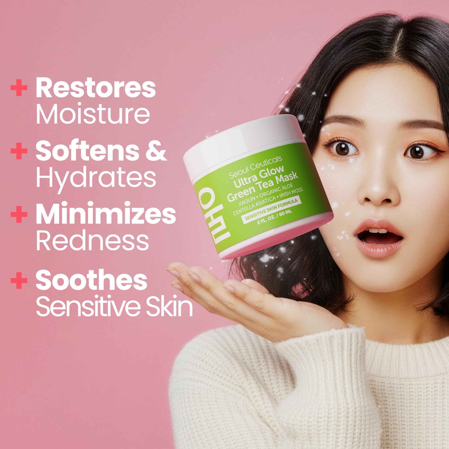 SeoulCeuticals Korean Skin Care Face Mask for Sensitive Skin - Korean Skincare Green Tea Wash Off Masks - K Beauty Face Masks - Aloe Vera Mask + Centella Asiatica Hydrating Facial Spa Mask 2oz