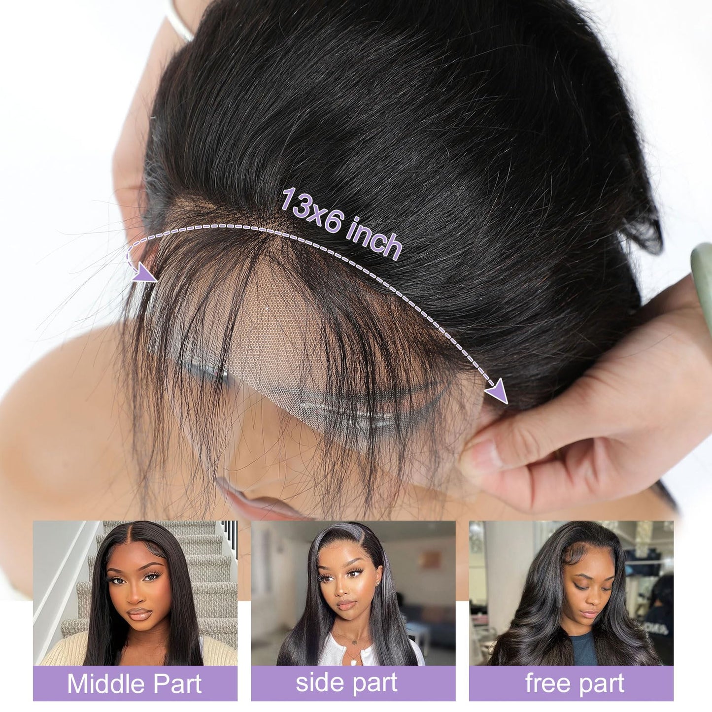 DSEKCAIN HD Frontal 13x6 Lace Frontal Straight Human Hair 13x6 Big and Long Departing Space From Ear to Ear Free Part Transparent Lace closure 100% Real Human Hair Natural Black 1B Color 12 Inch