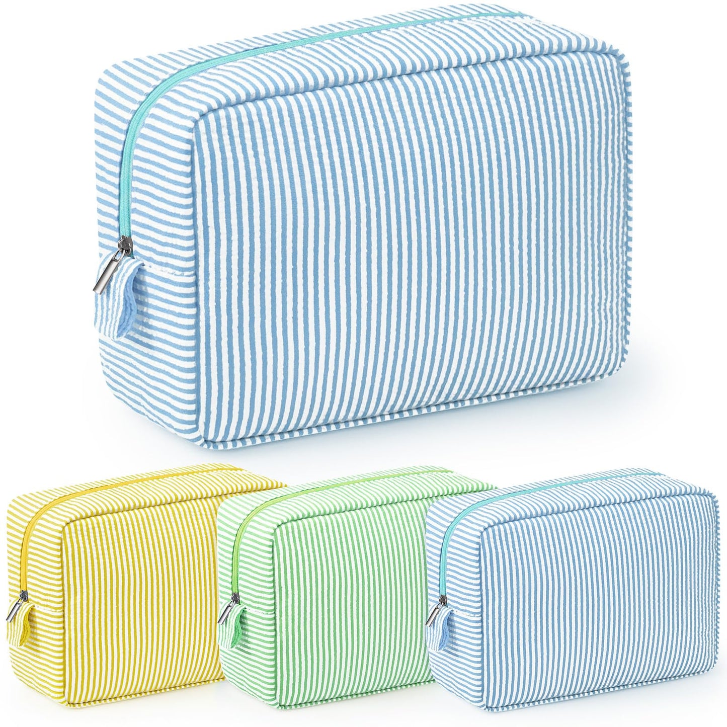 Sanwuta 3 Pcs Seersucker Makeup Bags Seersucker Cosmetic Bags Striped Women Large Travel Toiletry Organizer Preppy Storage Pouch for Embroidery Wedding Bridesmaid Gifts(Yellow, Green, Lake Blue)