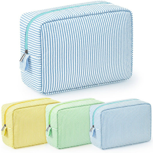 Sanwuta 3 Pcs Seersucker Makeup Bags Seersucker Cosmetic Bags Striped Women Large Travel Toiletry Organizer Preppy Storage Pouch for Embroidery Wedding Bridesmaid Gifts(Yellow, Green, Lake Blue)
