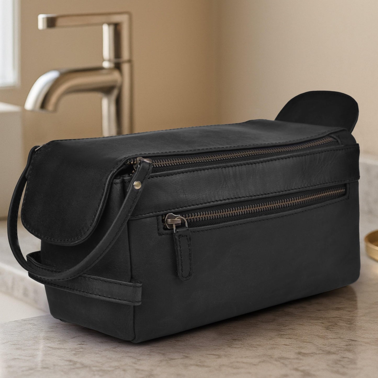 Full Grain Leather Toiletry Kit for Men & Women – Travel Toiletries & Shaving Bag Organizer, Water-Resistant Grooming Case for Bathroom, Makeup & Cosmetic Storage - Midnight Black