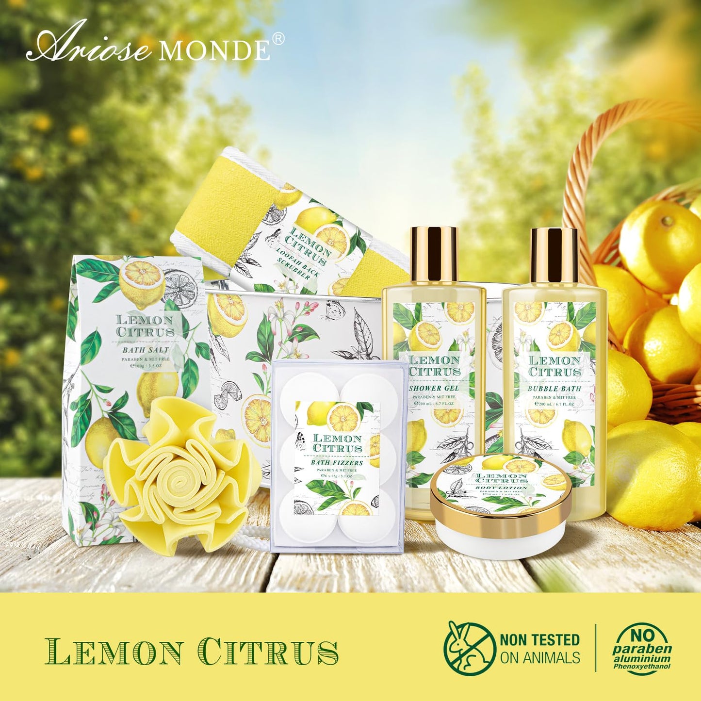 Bath Gift Set, Lemon Citrus Spa Gift Basket for Women, Includes Shower Gel, Bubble Bath, Body Lotion, Bath Frizzes 8 Pcs, Great Gift Idea for Her Birthday