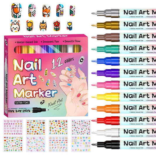 NuSoulra 12 Colors Nail Art Pens Set, Nail Art Markers with 15pcs Nail stickers, 0.5mm Acrylic Painted Pen for Gel Nails,Dotting Painting Pen Quick-drying for DIY Manicure Tools (0.5mm 12color)