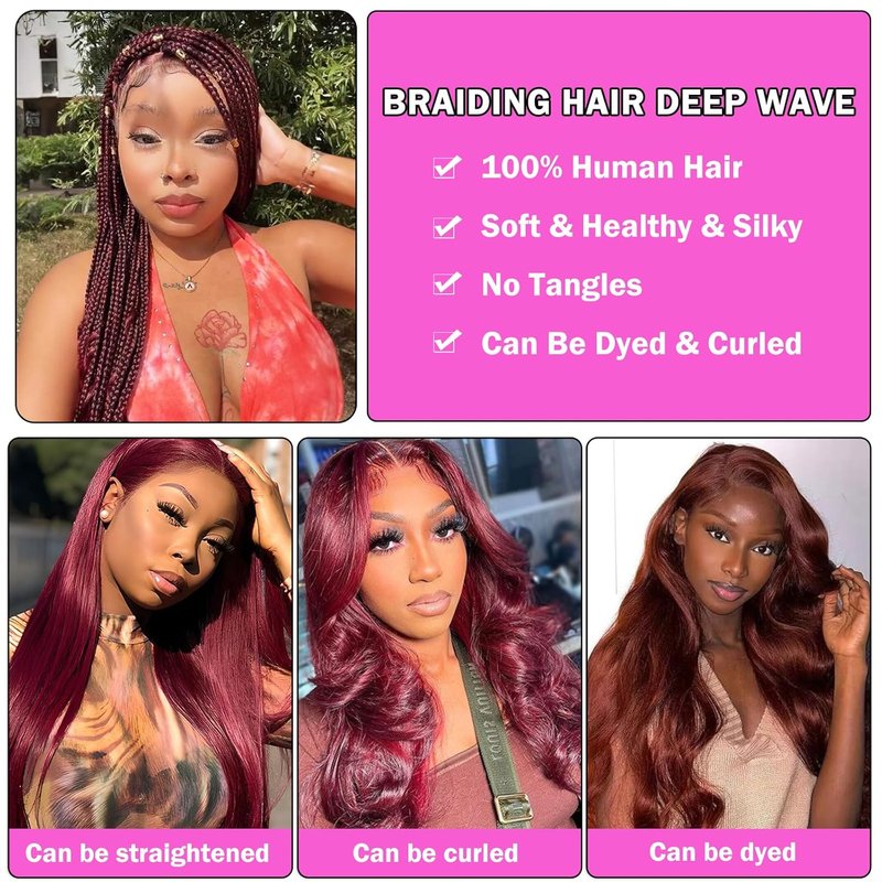 Human Braiding Hair - Deep Wave Curly Bulk Extensions for Boho Braids | 22 Inch Burgundy 100g Brazilian Virgin Hair