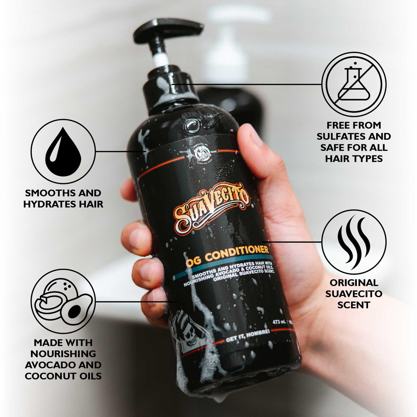 Suavecito OG Conditioner 16 oz Pump Bottle - Original Scent - Smooths & Hydrates, Nourishes & Moisturizes with Avocado and Coconut Oils - Repairs Dry Damaged Har - For All Hair Types, Sulfate Free