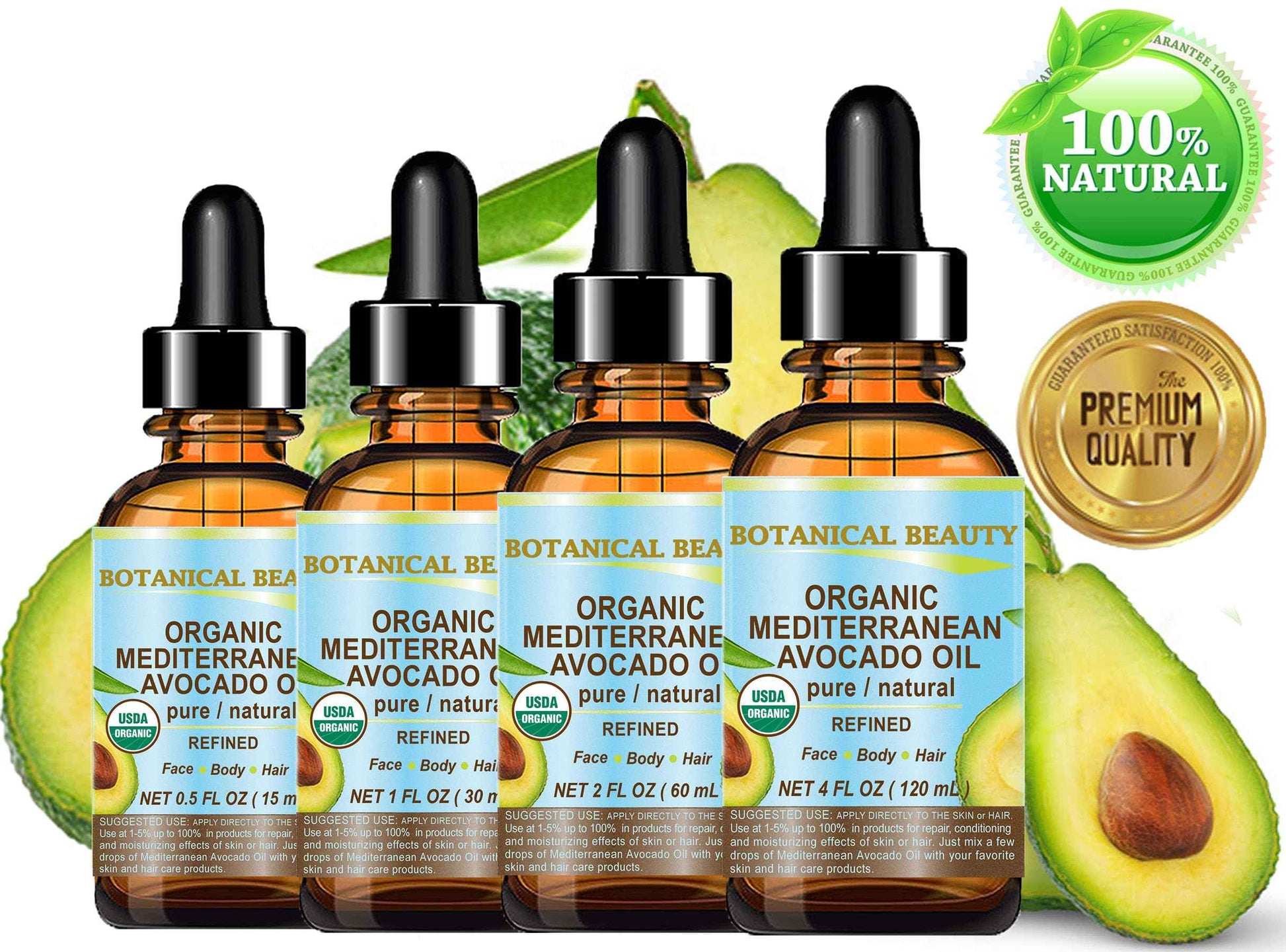 Botanical Beauty Italian ORGANIC AVOCADO OIL 100% Pure Natural Refined Undiluted Cold Pressed for Face, Body, Feet, Hair, Massage and Nail Care. 4 Fl. oz-120 ml.