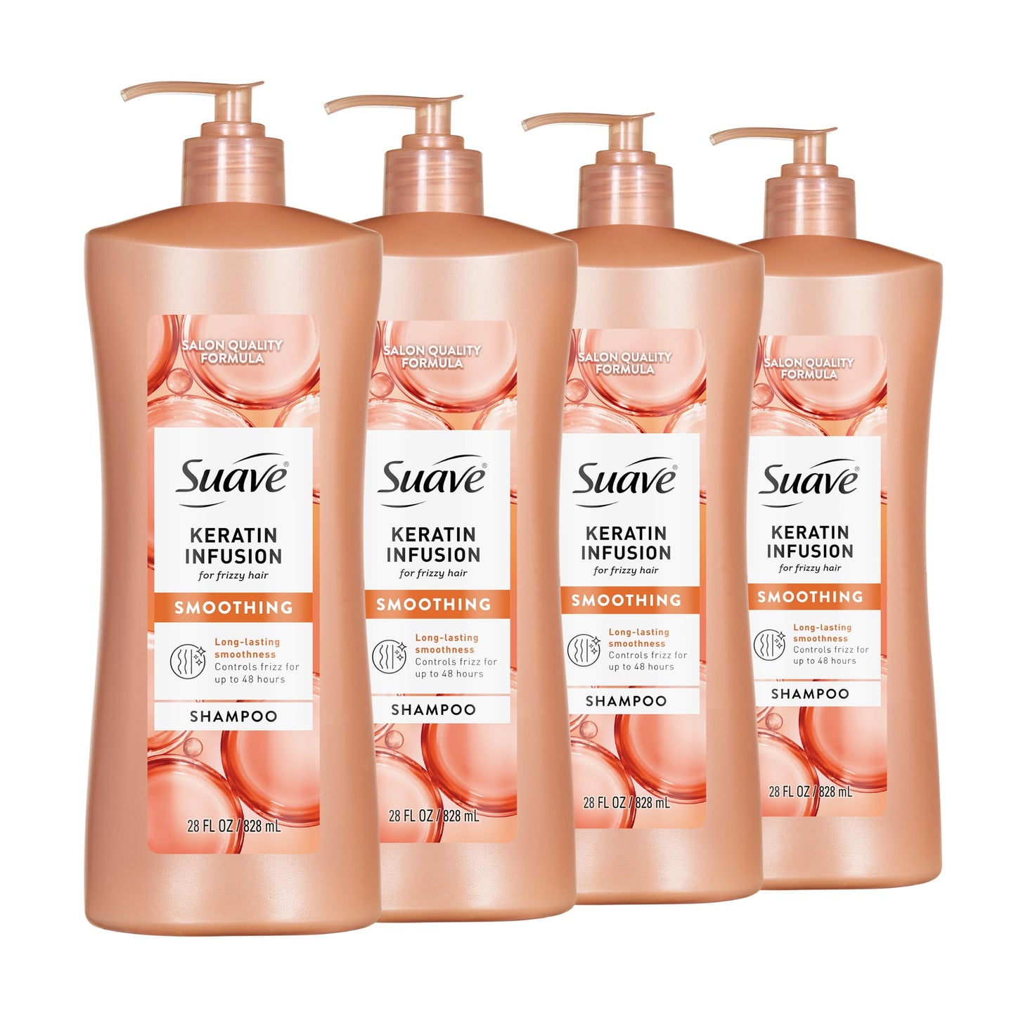 Suave Keratin Infusion Smoothing Shampoo For Frizzy Hair, Anti-Humidity + 48HR Frizz Control, Smooths & Detangles For Easy Styling, 28 fl oz Pump, 4 Count