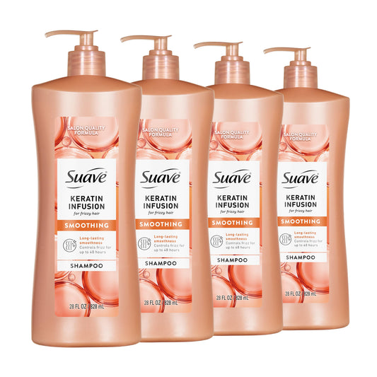 Suave Keratin Infusion Smoothing Shampoo For Frizzy Hair, Anti-Humidity + 48HR Frizz Control, Smooths & Detangles For Easy Styling, 28 fl oz Pump, 4 Count