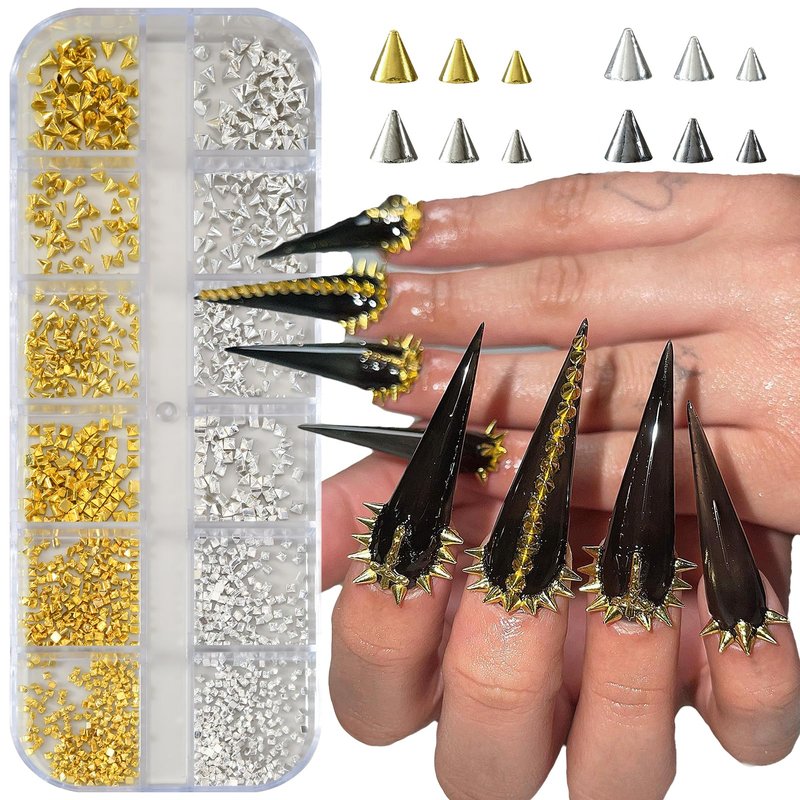 OPMADM 2 Box Goth Nail Charms Punk Metal Nails Studs Square Cone Spike Gold White Gold Silver Black Accessories