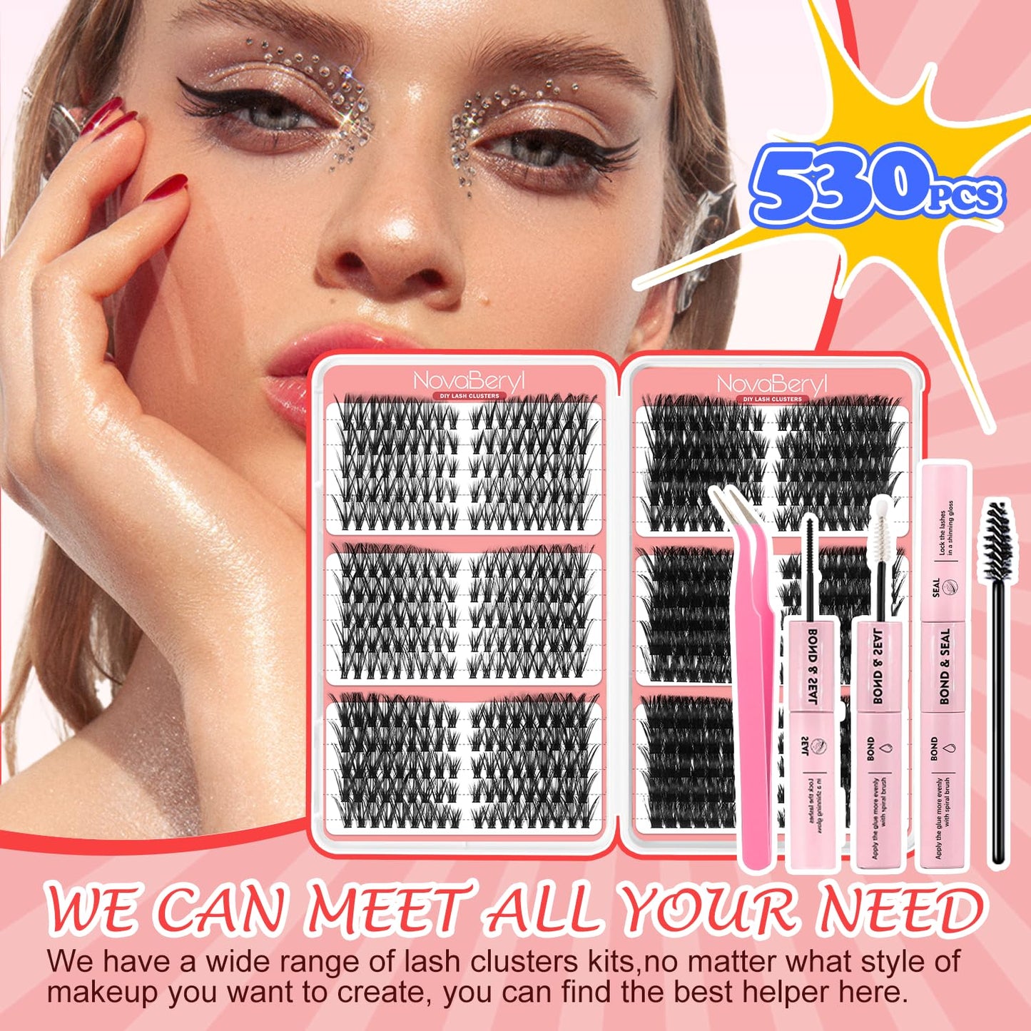 NovaBeryl Lash Clusters Kit–708PCS DIY Eyelash Extension Kit with Bond & Seal, C Curl 30D–100D 0.07mm Soft Individual Cluster Lashes for Natural, Fluffy & Volume Looks (TWEEZERS)