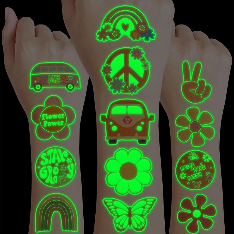 96PCS One Two Groovy 60s 70s Pre-Cut Luminous Temporary Tattoos for Kids Birthday Theme Party Supplies Decorations Favors Decor Super Cute Retro Hippie Rainbow Tattoo Stickers Gifts for Girls Boys