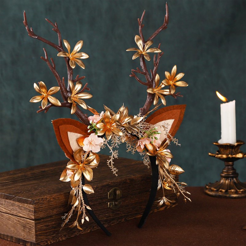 MOSTORY Handmade Antler Branch Headband Gold - Adjustable Reindeer Tree Crown with Flowers Floral Woodland Headpiece for Renaissance Christmas Cosplay Prom Costume Photo Props
