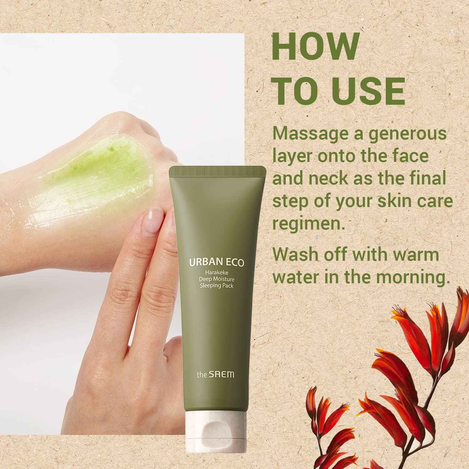 THESAEM Urban Eco Harakeke Deep Moisture Sleeping Pack 2.7 fl.oz. - Vegan Moisturizing Overnight Face Mask for Dry Skin - Skin Smoth Hydrating Night Cream - Harakeke Root Extract and Ceramides