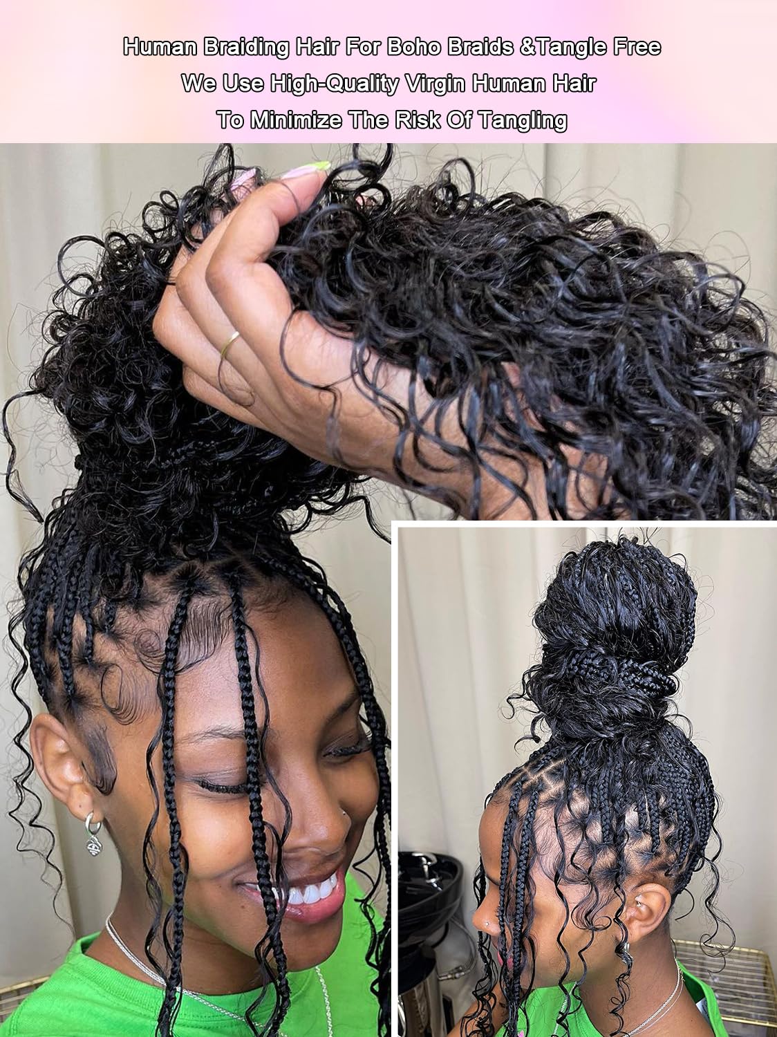 Human Braiding Hair for Boho Braids - Curly Wet Wavy 100g, 2 Bundles, No Weft Micro Braiding Extensions