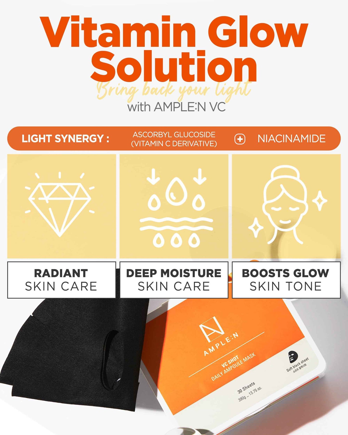 VC Shot Daily Ampoule Mask - Korean Face Sheet Masks with Vitamin C for Radiant Skin Tone Daily Facial Treatment with Niacinamide for Hydration & Complexion Enhancement, 30 Sheets